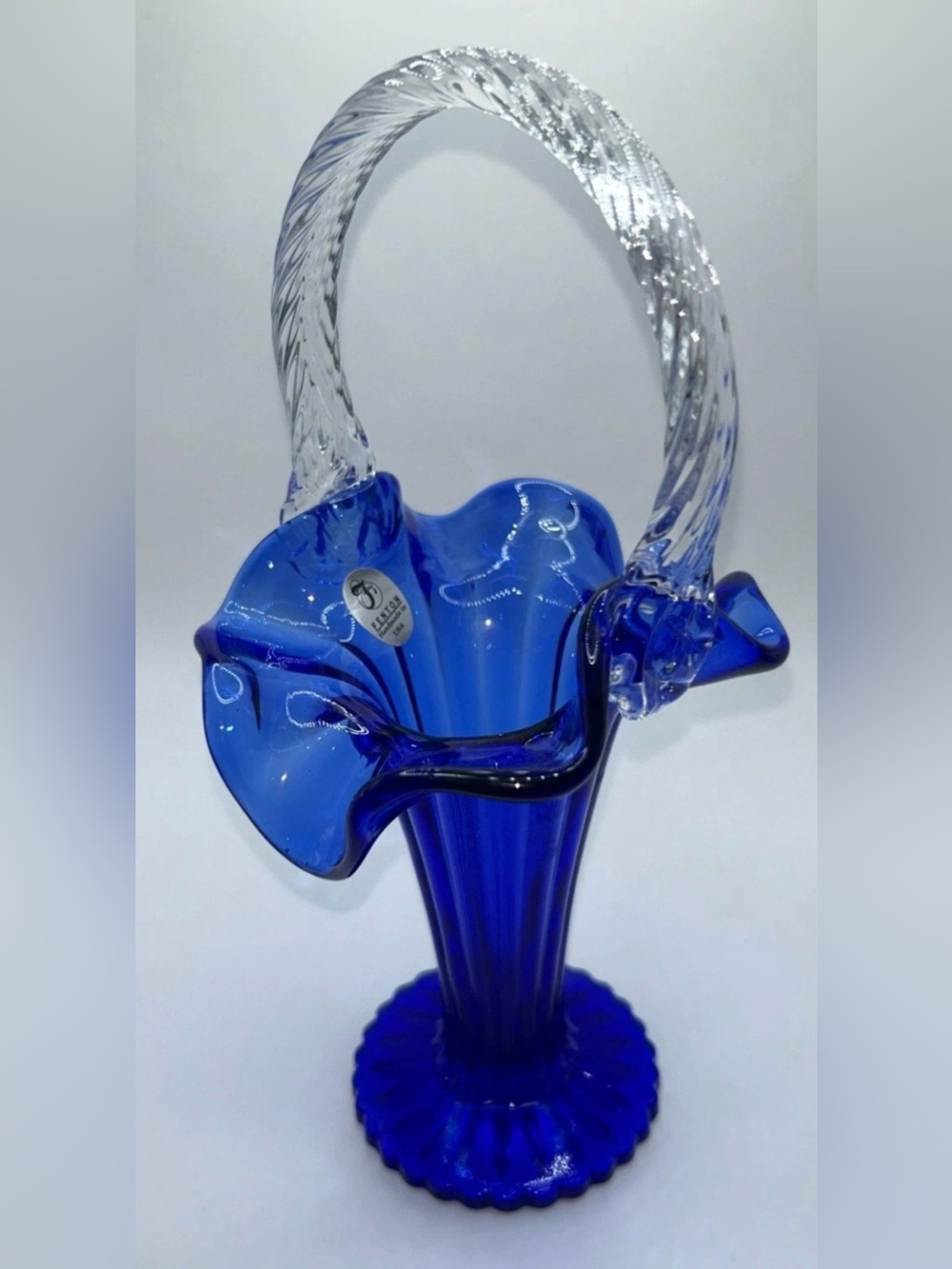 Vintage FENTON Cobalt Blue Basket Clear Glass Twisted Rope Handle Marked